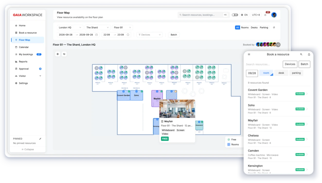 Gaia Workspace floor map with live desk and meeting room availability, plus the mobile booking list