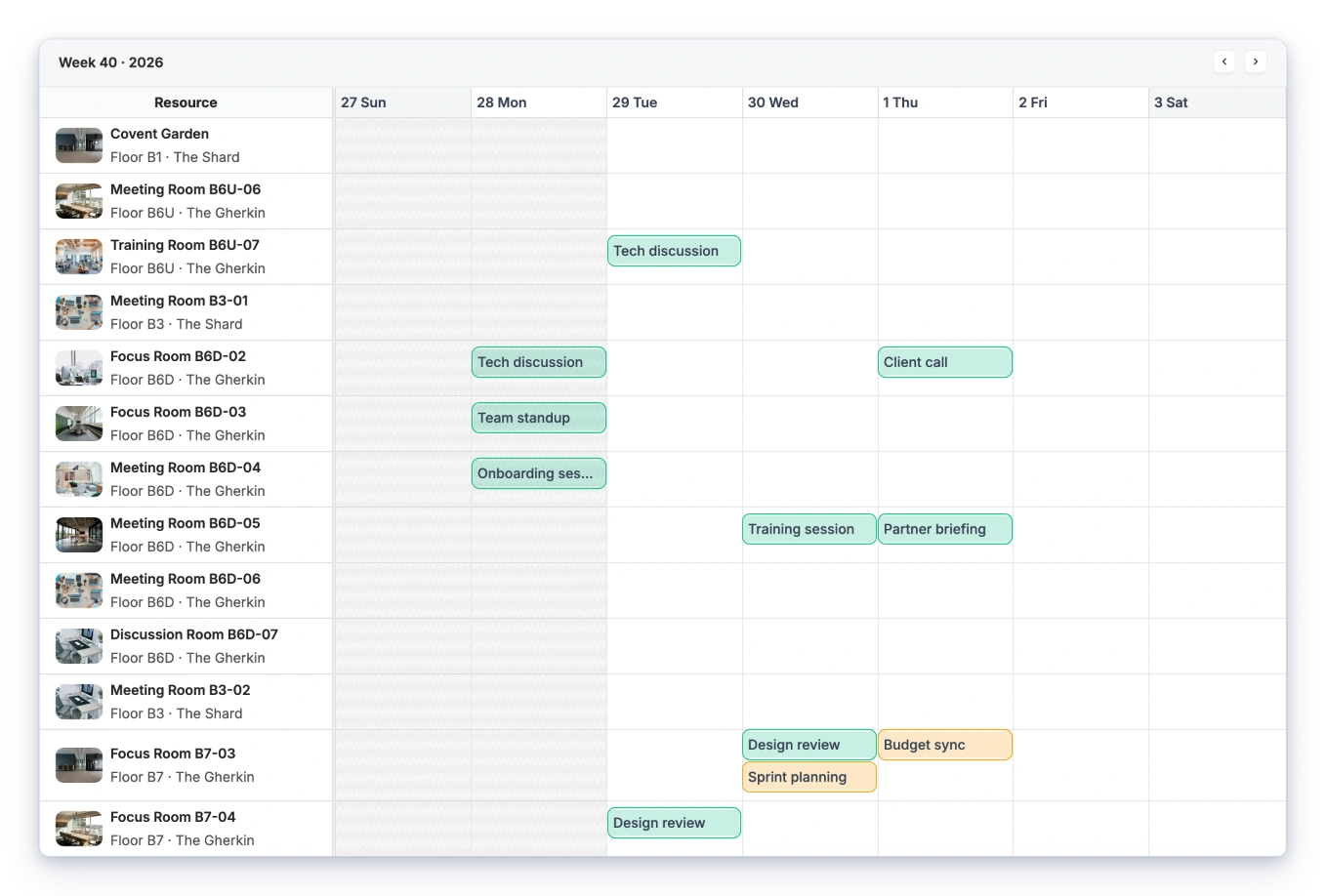 Campus booking calendar showing room and resource schedules for the week