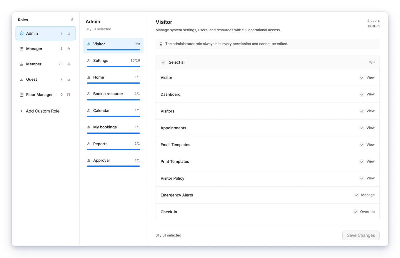 Roles and permissions connecting campus users, roles, and bookable resources