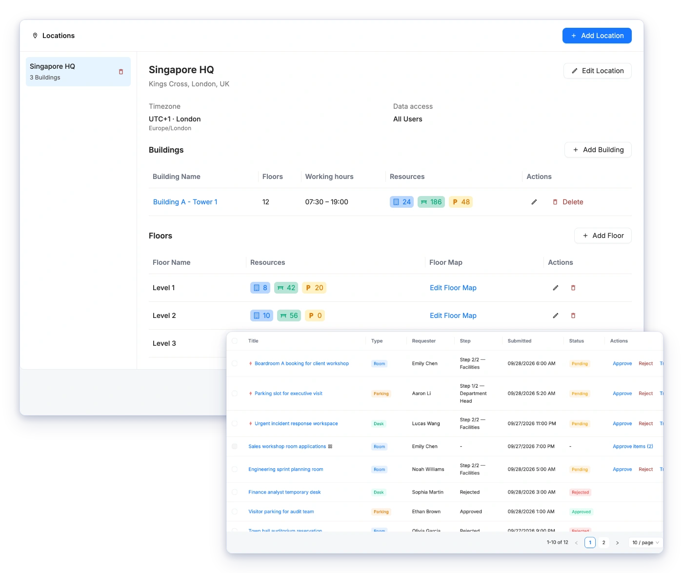 Location and floor management overlaid with the approval queue for workspace requests