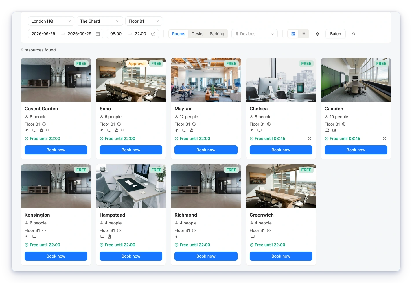 Resource booking list with location, floor, capacity, and time filters