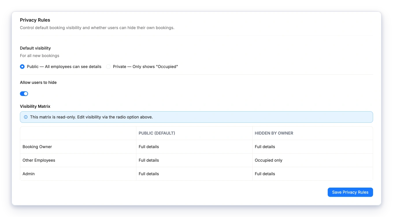 Privacy rules controlling default booking visibility for sensitive spaces
