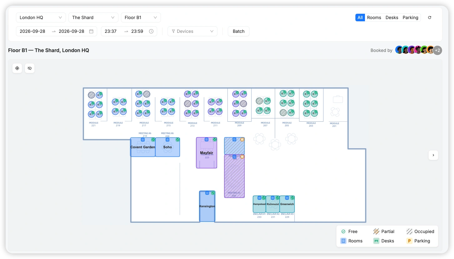 Floor map with live room, desk, and parking availability